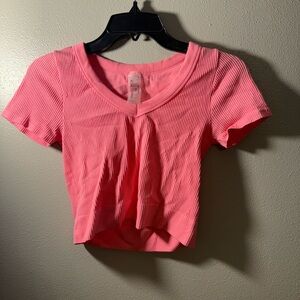 Pink Ribbed V-Neck Crop Top